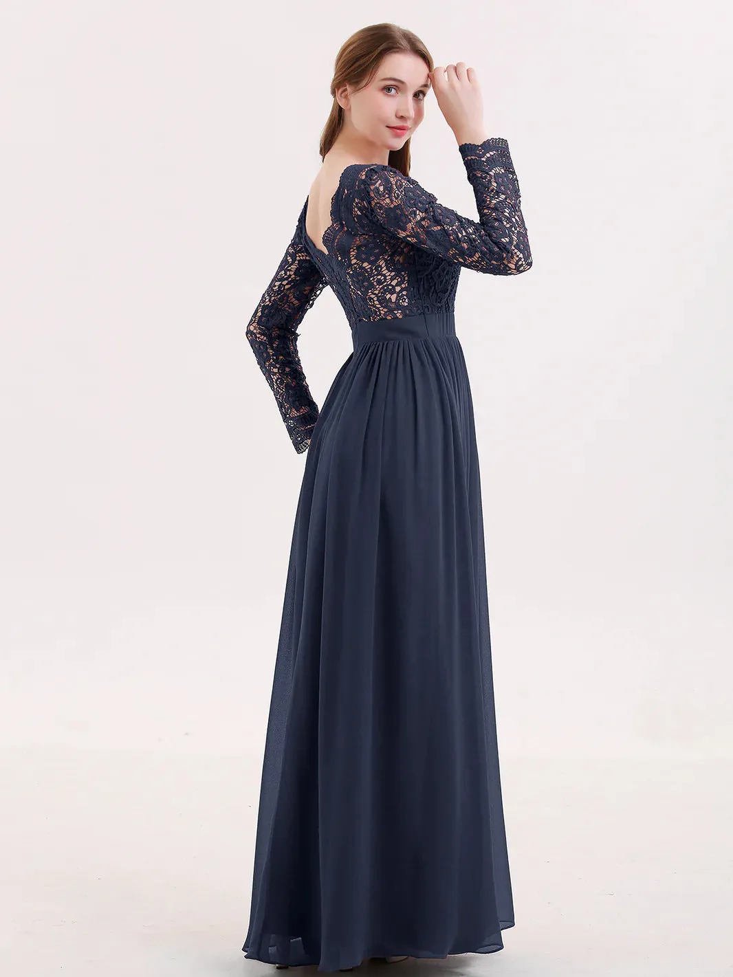 V Neck Lace And Chiffon Dress With Long Sleeves Dark Navy