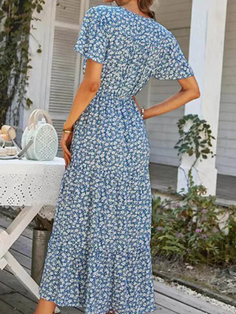 Vintage Floral Elegant Loose New Slit Holiday Leisure Print Midi Dresses