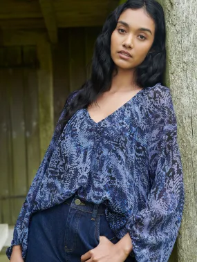 Voluminous Navy Snake Blouson Sleeve Blouse